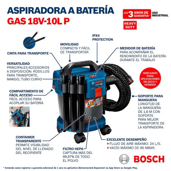 Aspirador de Pó a Bateria GAS 18V-10 L Premium 18V sem Bateria Bosch