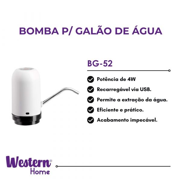 Bomba Galão Água BG-52 Recarregável USB Western