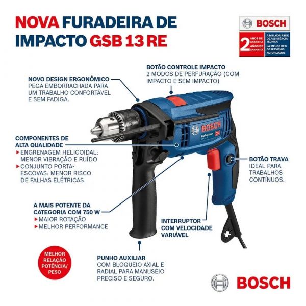 Furadeira de Impacto Bosch GSB 13 RE-M 750W 220V, em maleta